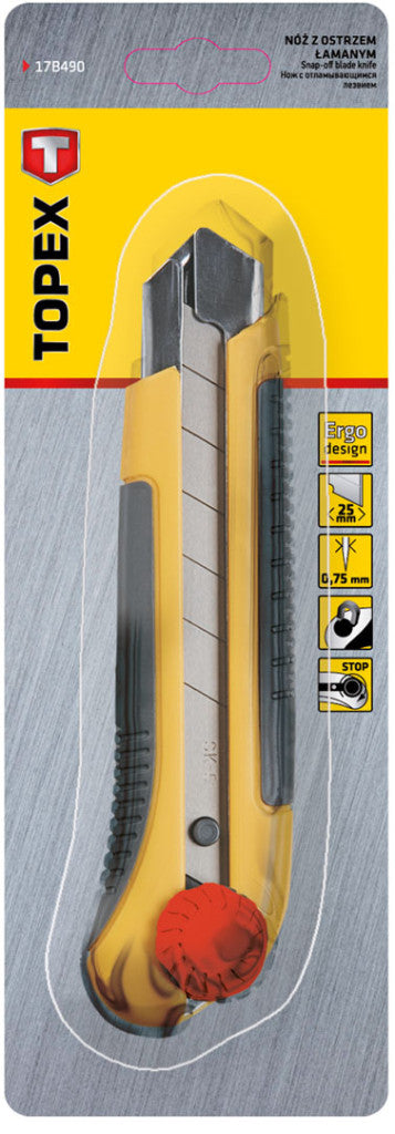 TOPEX Törhető pengés kés 25mm, tekerős, fém vezetősín 17B490