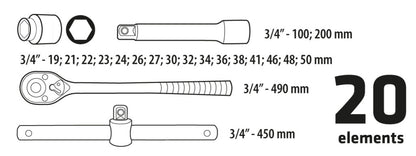 TOPEX Dugókulcskészlet 20db, 3/4" 38D296