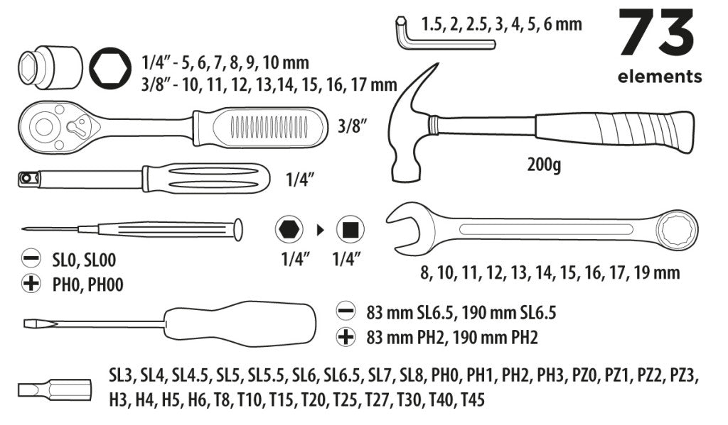 Top Tools Szerszámkészlet 1/4", 3/8", 73db 38D500
