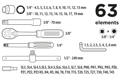 Top Tools Dugókulcskészlet + bitkészlet 3/8", 63db 38D515