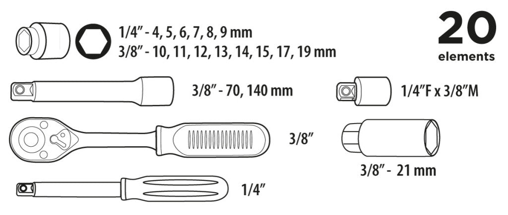 Top Tools Dugókulcskészlet 1/4", 3/8" 20db 38D520