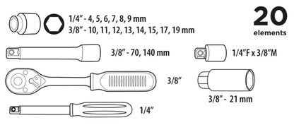 Top Tools Dugókulcskészlet 1/4", 3/8" 20db 38D520
