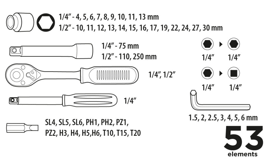 Top Tools Dugókulcskészlet + bitkészlet 1/4", 1/2" 53db 38D530