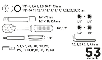 Top Tools Dugókulcskészlet + bitkészlet 1/4", 1/2" 53db 38D530