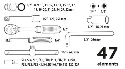 Top Tools Dugókulcskészlet 1/4", 1/2", 47db 38D550