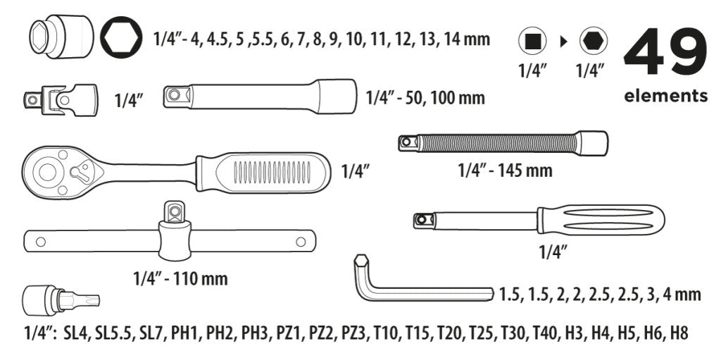 Top Tools Dugókulcskészlet + bitkészlet 1/4", 49db 38D570