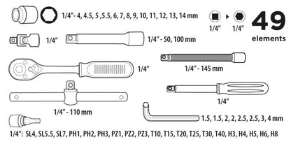 Top Tools Dugókulcskészlet + bitkészlet 1/4", 49db 38D570