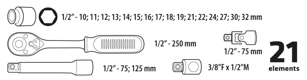 TOPEX Dugókulcskészlet 1/2" 21db 38D642