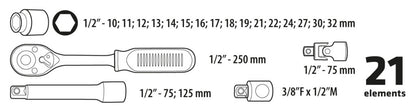 TOPEX Dugókulcskészlet 1/2" 21db 38D642