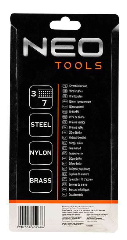 NEO TOOLS Drótkefe készlet 3db, 3x7 sor, Acél, műanyag és sárgaréz szálas kefék 39-100