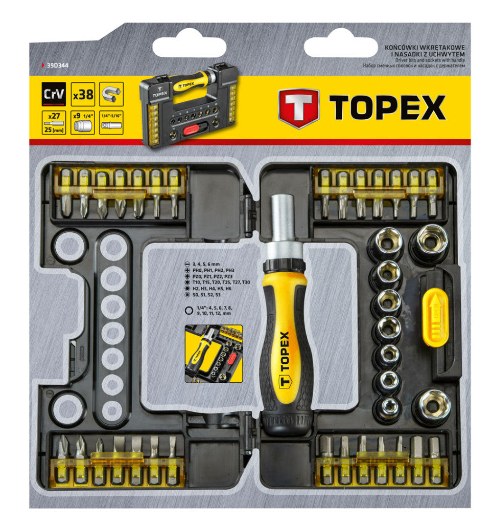 TOPEX Dugókulcskészlet + bitkészlet Racsnis hajtószárral 38db 39D344