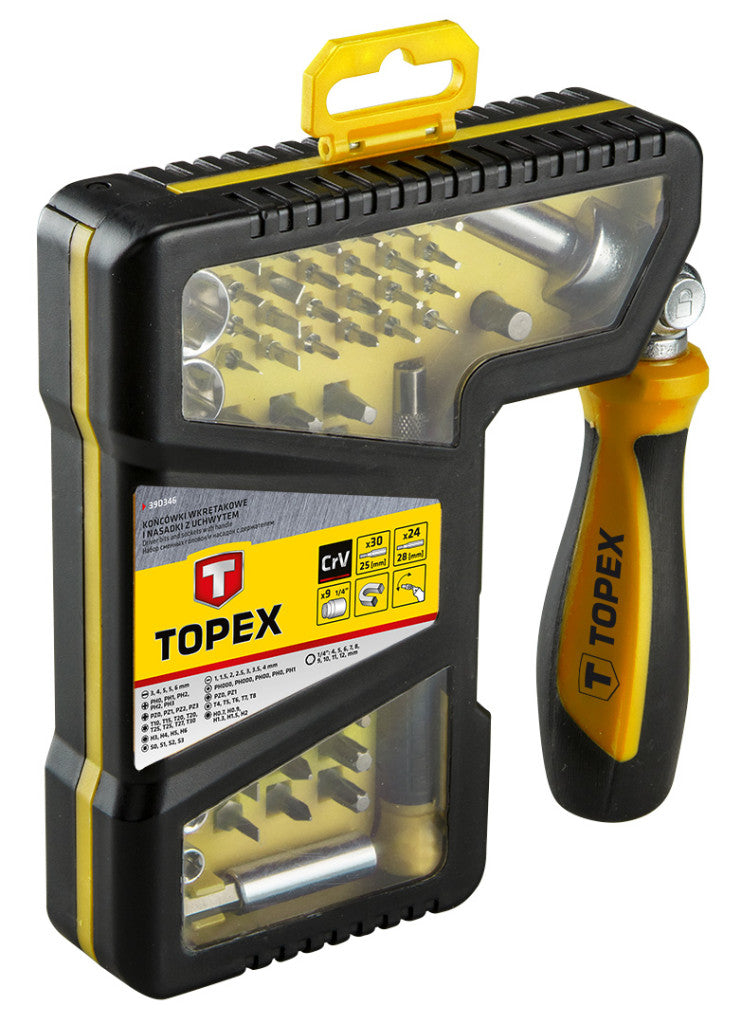 TOPEX Dugókulcskészlet + bitkészlet Racsnis hajtószárral 68db 39D346