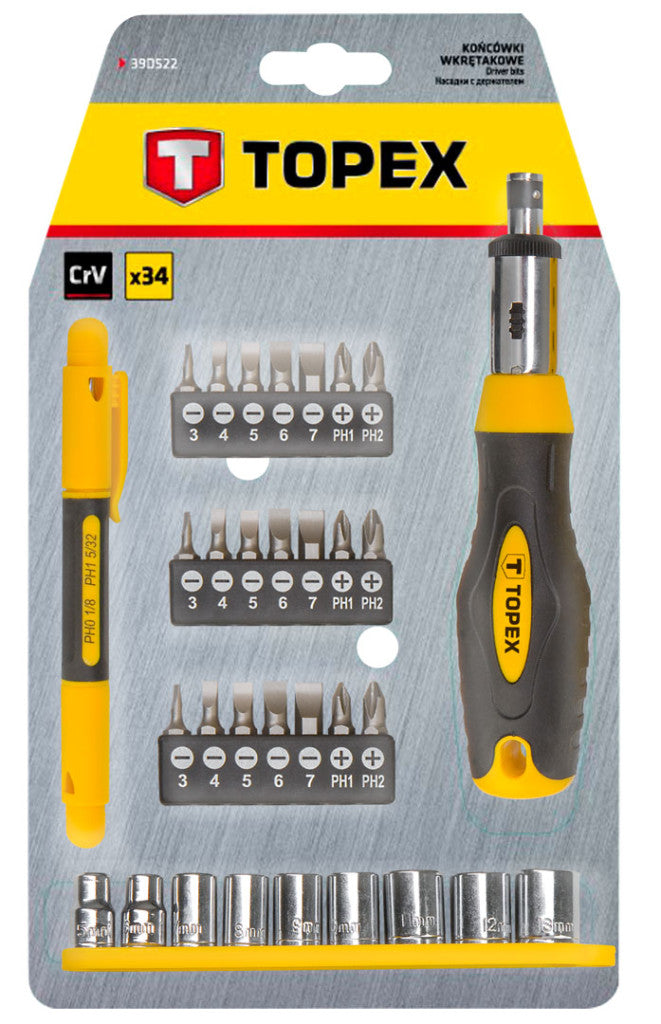 TOPEX Bitfejes Csavarhúzó készlet 34db, RACSNIS 39D522