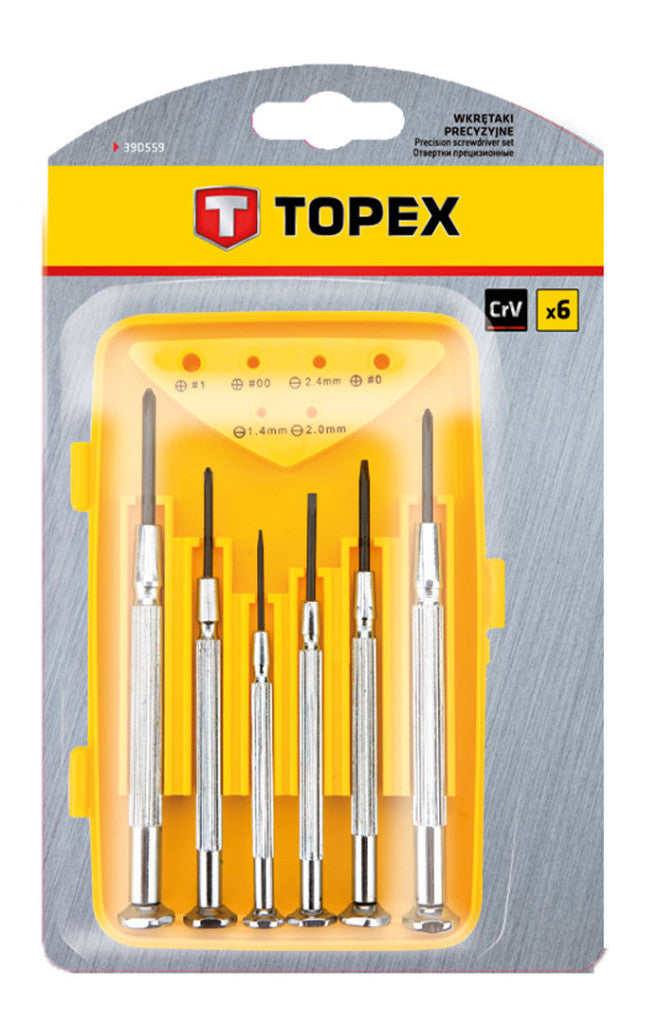 TOPEX Műszerész, Precíziós Csavarhúzó készlet, CRV, 6db, lapos: 1,4, 2,0, 2,4mm, kereszt: PH00, PH0, PH2 39D559