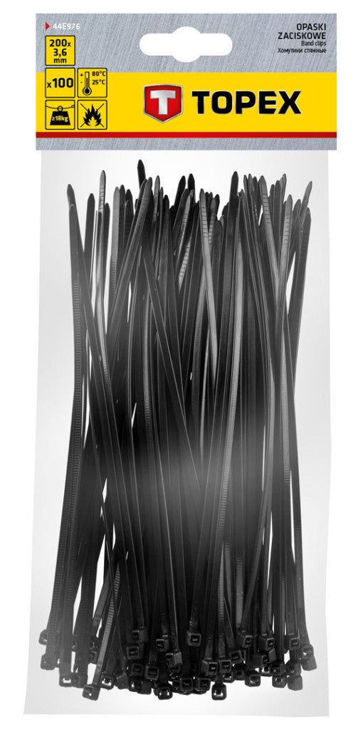 TOPEX KÁBELKÖTEGELŐ, gyorskötöző, 3,6mm x 200mm, fekete, 100db 44E976