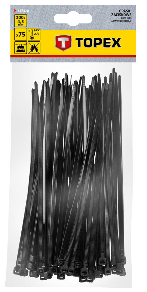 TOPEX KÁBELKÖTEGELŐ, gyorskötöző, 4,8mm x 200mm, fekete, 75db 44E978