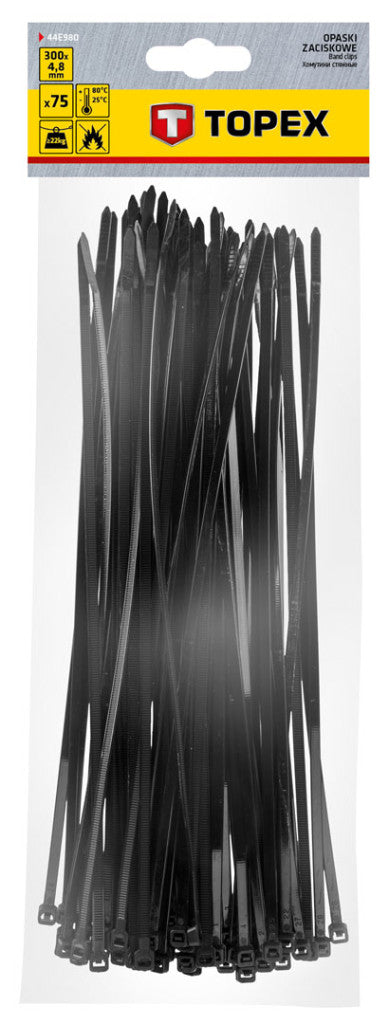 TOPEX KÁBELKÖTEGELŐ, gyorskötöző, 4,8mm x 300mm, fekete, 75db 44E980