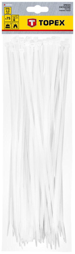 TOPEX KÁBELKÖTEGELŐ, gyorskötöző, 4,8mm x 370mm, fehér, 75db 44E981