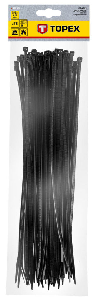 TOPEX KÁBELKÖTEGELŐ, gyorskötöző, 4,8mm x 370mm, fekete, 75db 44E982
