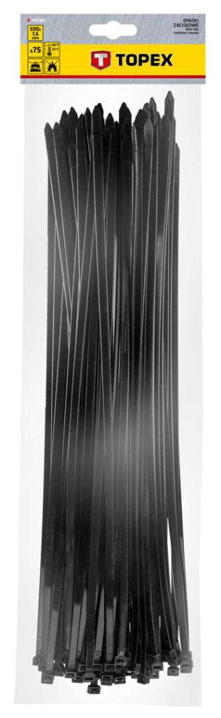 TOPEX KÁBELKÖTEGELŐ, gyorskötöző, 7,6mm x 500mm, fekete, 75db 44E983