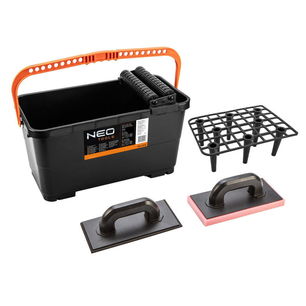 NEO TOOLS Burkolókészlet, csempéző: 24L vödör ráccsal, görgővel, gumi és puha szivacsos simítóval 50-254