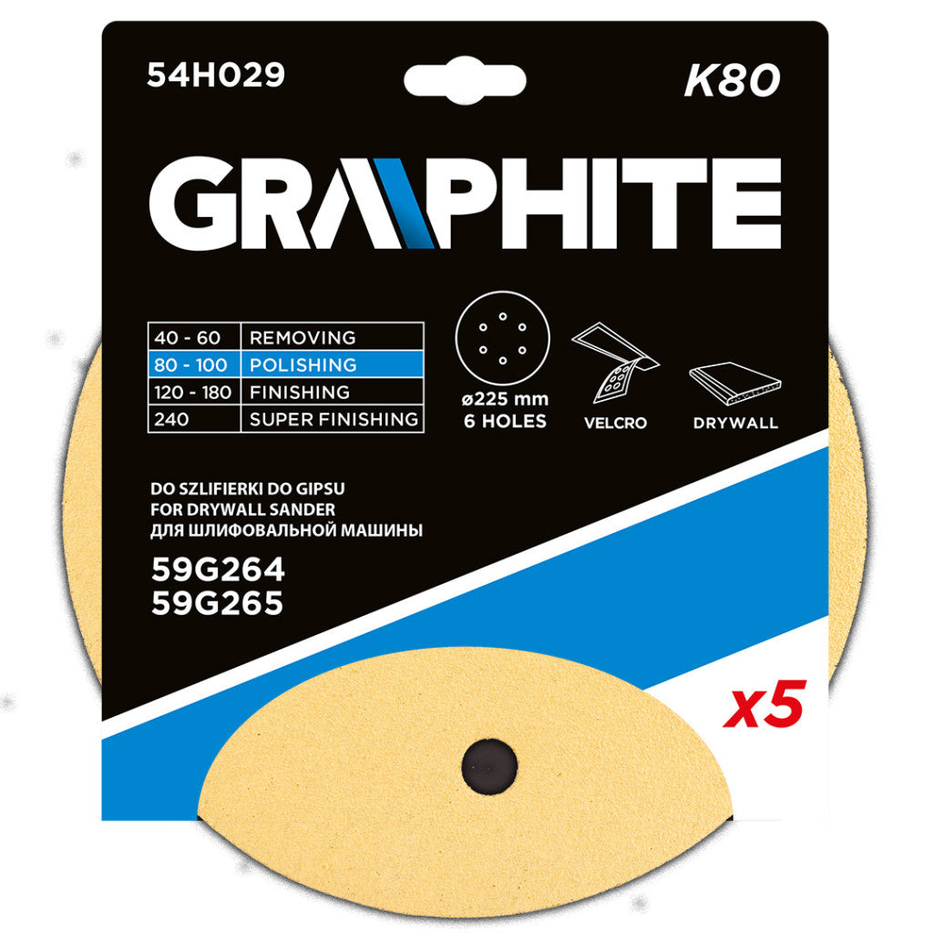 GRAPHITE Tépőzáras csiszolópapír 225mm, K80, 5db, 6 lyukakkal az 59G264, 59G265 csiszológéphez. 54H029