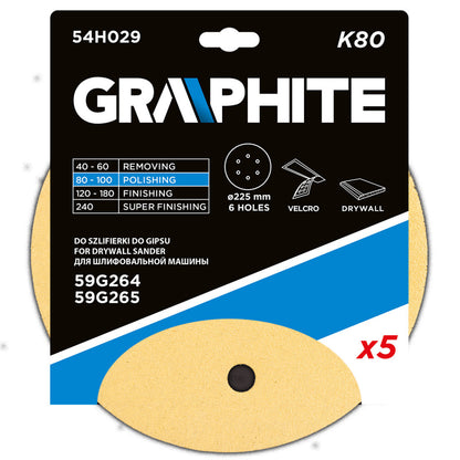 GRAPHITE Tépőzáras csiszolópapír 225mm, K80, 5db, 6 lyukakkal az 59G264, 59G265 csiszológéphez. 54H029