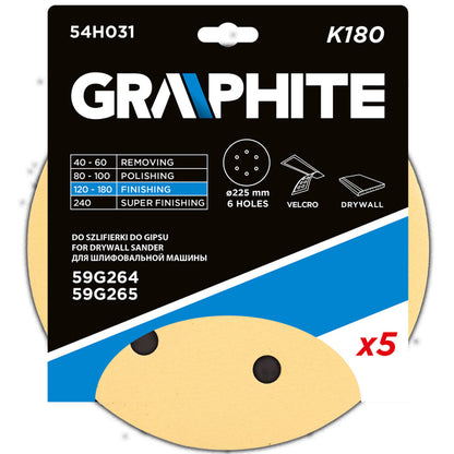 GRAPHITE Tépőzáras csiszolópapír 225mm, K180, 5db, 6 lyukakkal az 59G264, 59G265 csiszológéphez. 54H031