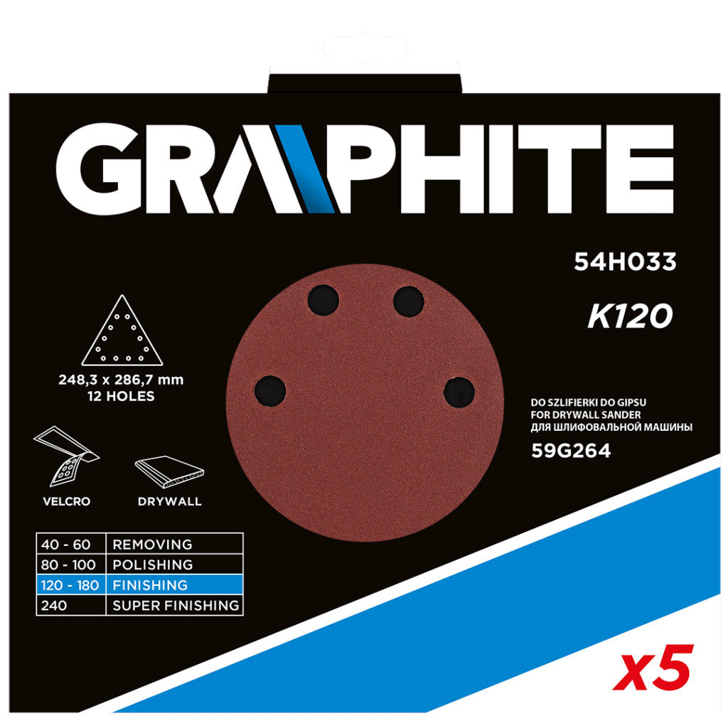 GRAPHITE Tépőzáras csiszolópapír K120, háromszög alakú 12 lyukakkal, 5db csiszolóhoz 59G264 54H033