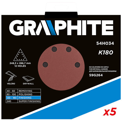 GRAPHITE Tépőzáras csiszolópapír K180, háromszög alakú 12 lyukakkal, 5db csiszológéphez 59G264 54H034