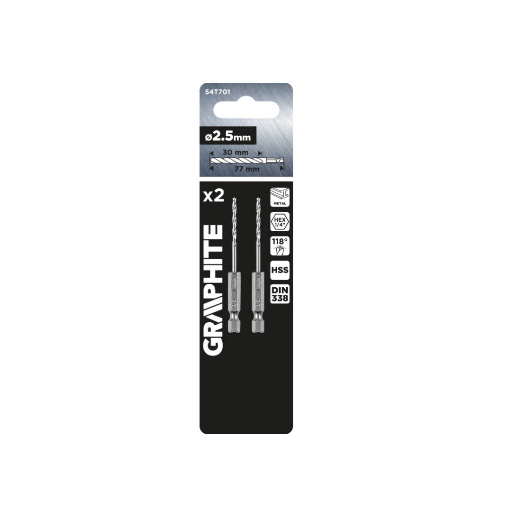 GRAPHITE Csigafúró, 1/4" hatszög szárral, HSS DIN 338, 2,5mm, 2db/cs 54T701