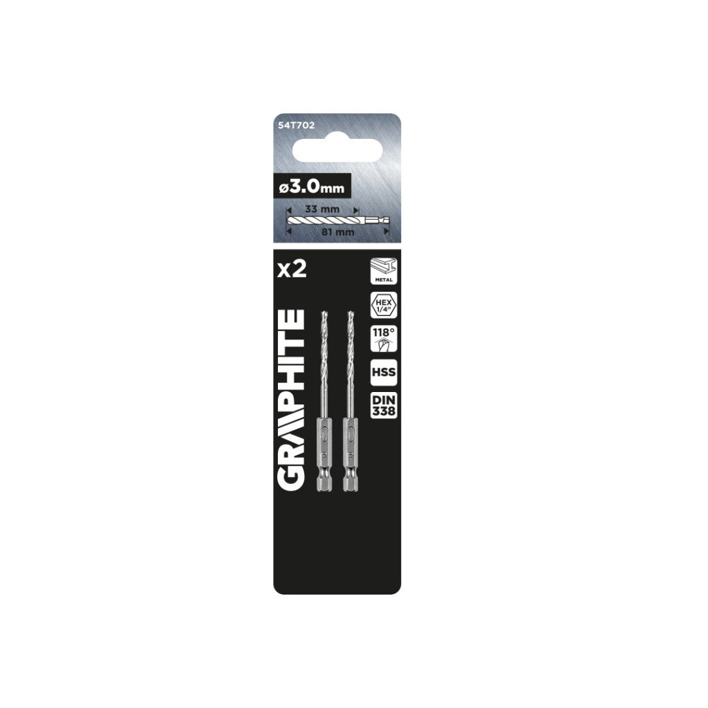 GRAPHITE Csigafúró, 1/4" hatszög szárral, HSS DIN 338, 3mm, 2db/cs 54T702