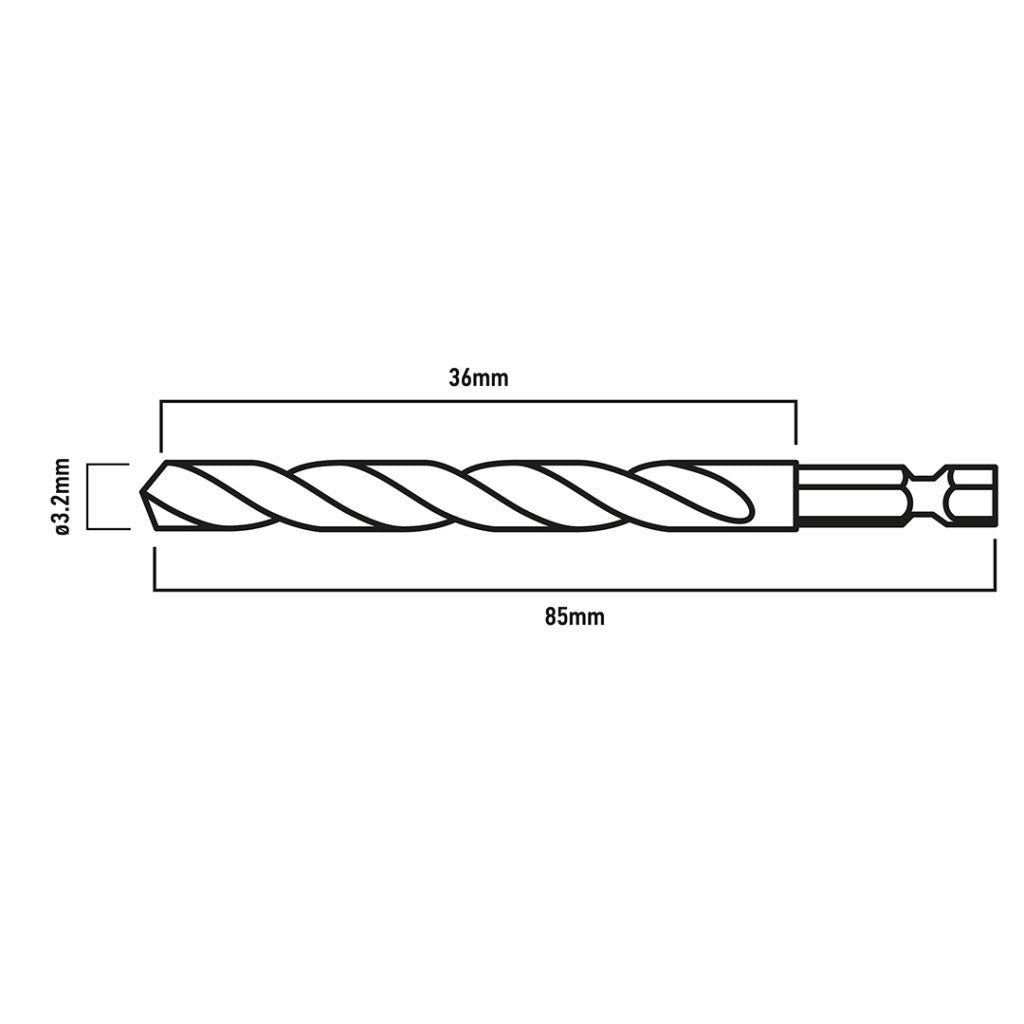 GRAPHITE Csigafúró, 1/4" hatszög szárral, HSS DIN 338, 3,2mm, 2db/cs 54T703