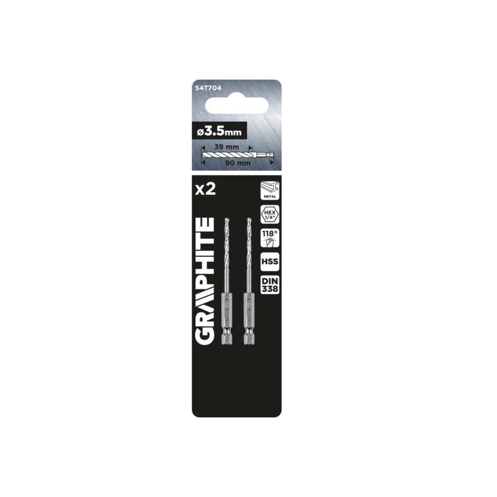 GRAPHITE Csigafúró, 1/4" hatszög szárral, HSS DIN 338, 3,5mm, 2db/cs 54T704