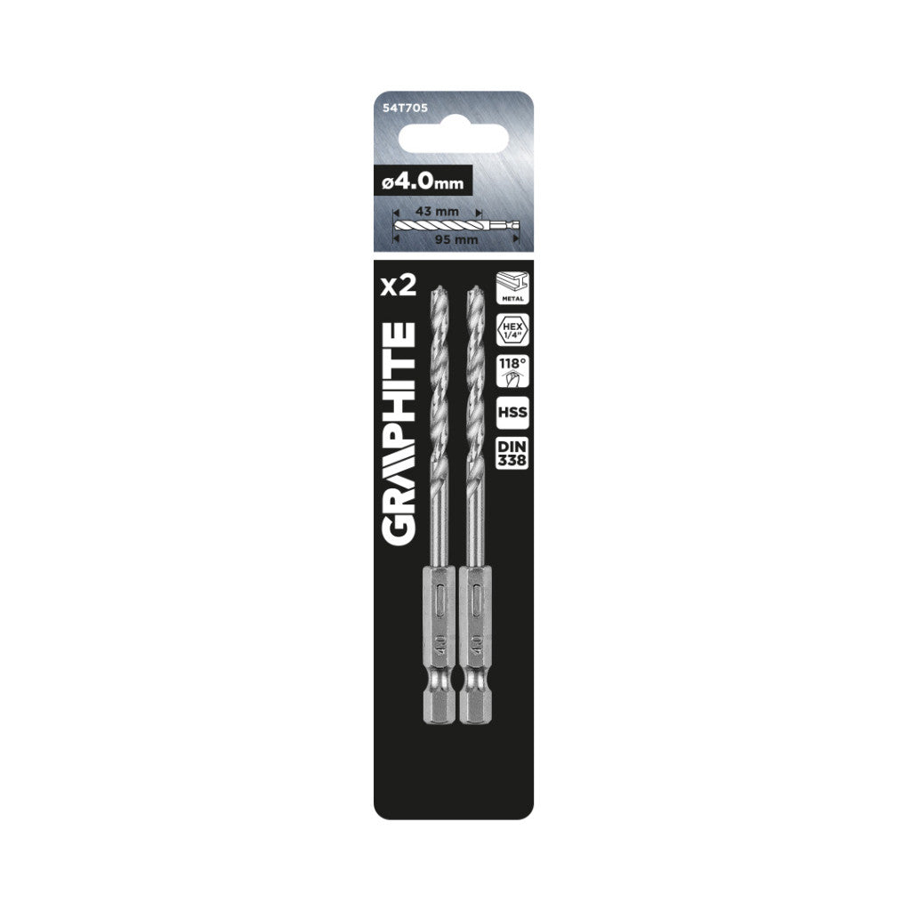 GRAPHITE Csigafúró, 1/4" hatszög szárral, HSS DIN 338, 4mm, 2db/cs 54T705
