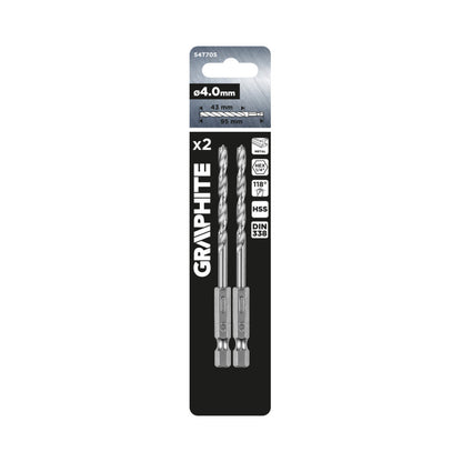 GRAPHITE Csigafúró, 1/4" hatszög szárral, HSS DIN 338, 4mm, 2db/cs 54T705