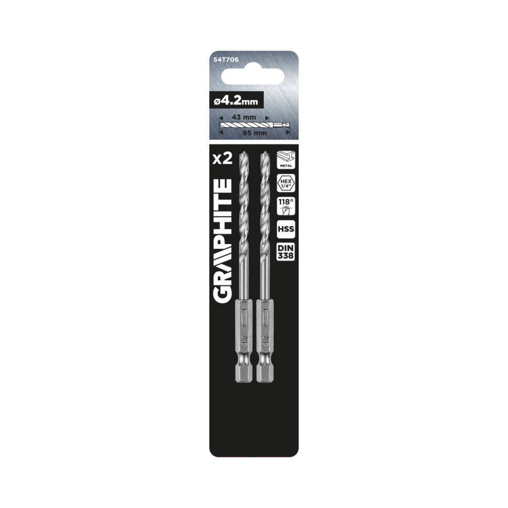 GRAPHITE Csigafúró, 1/4" hatszög szárral, HSS DIN 338, 4,2mm, 2db/cs 54T706