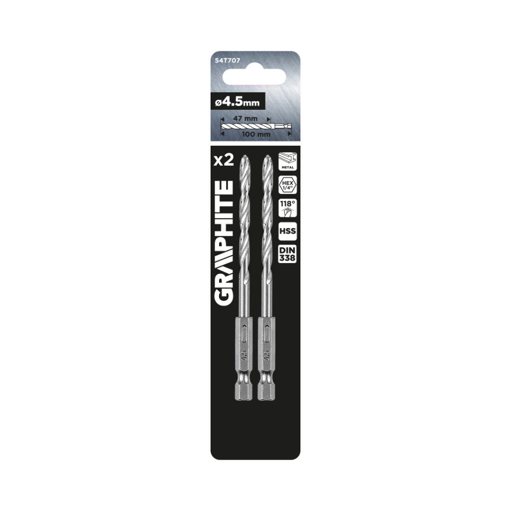 GRAPHITE Csigafúró, 1/4" hatszög szárral, HSS DIN 338, 4,5mm, 2db/cs 54T707