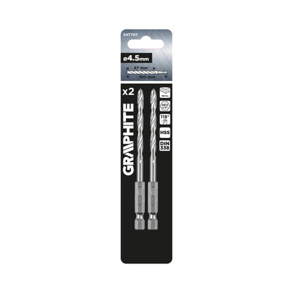 GRAPHITE Csigafúró, 1/4" hatszög szárral, HSS DIN 338, 4,5mm, 2db/cs 54T707