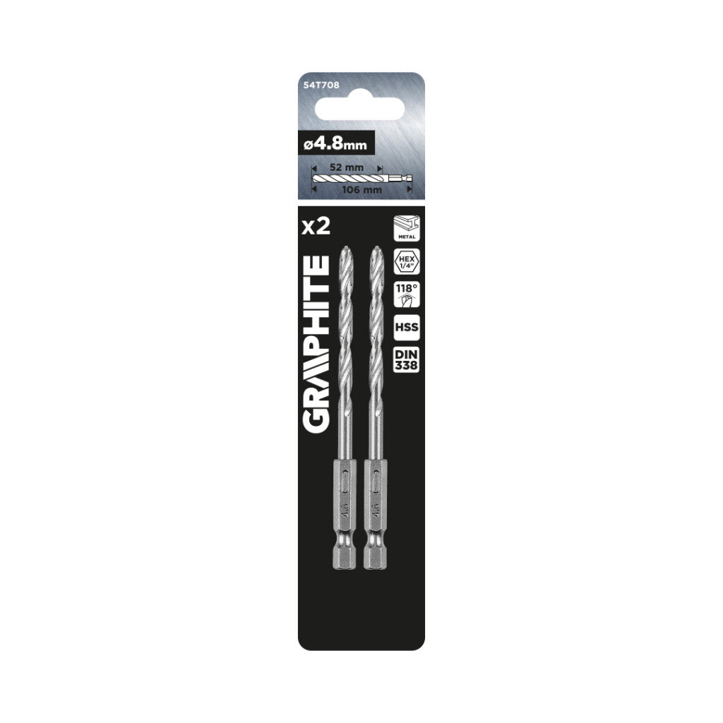 GRAPHITE Csigafúró, 1/4" hatszög szárral, HSS DIN 338, 4,8mm, 2db/cs 54T708