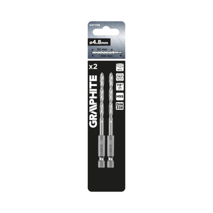 GRAPHITE Csigafúró, 1/4" hatszög szárral, HSS DIN 338, 4,8mm, 2db/cs 54T708
