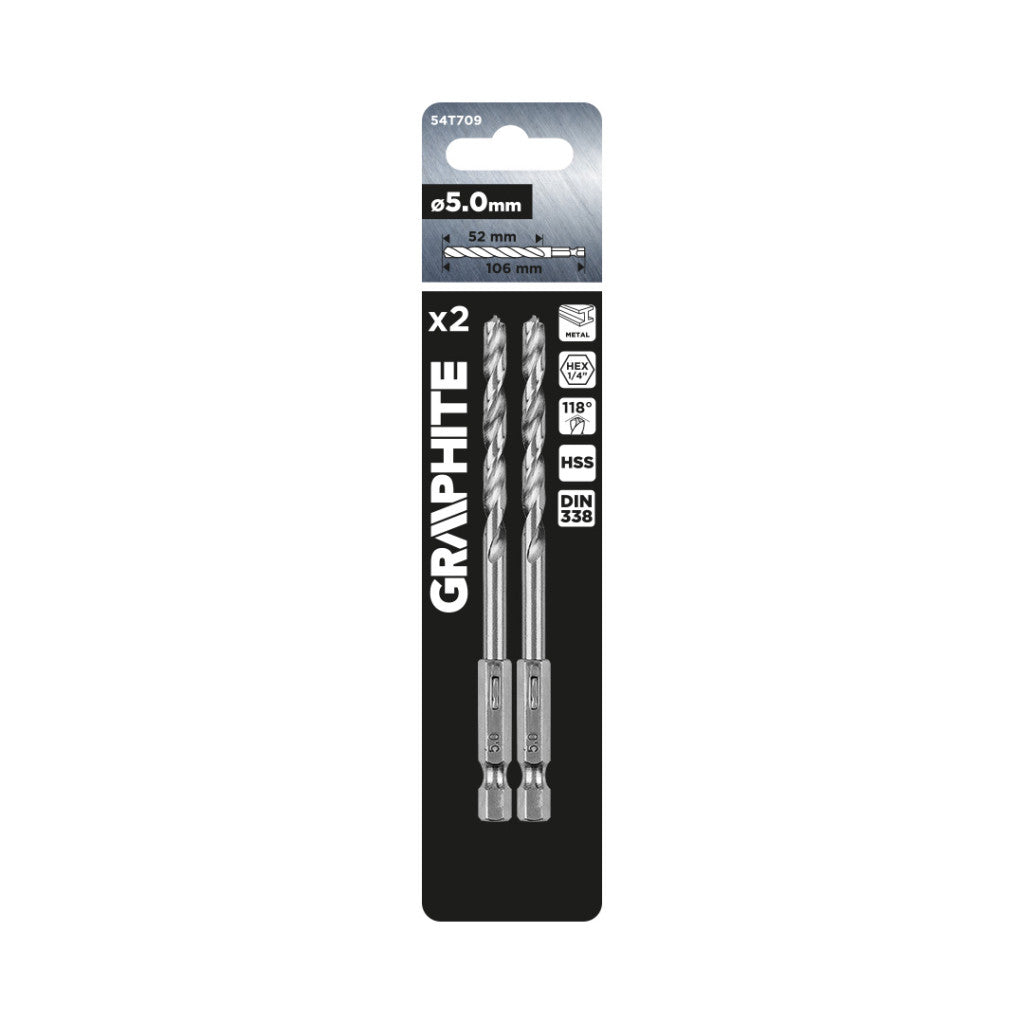 GRAPHITE Csigafúró, 1/4" hatszög szárral, HSS DIN 338, 5mm, 2db/cs 54T709