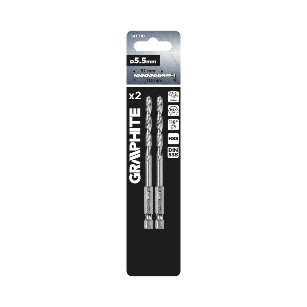 GRAPHITE Csigafúró, 1/4" hatszög szárral, HSS DIN 338, 5,5mm, 2db/cs 54T710