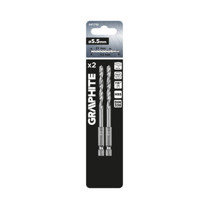 GRAPHITE Csigafúró, 1/4" hatszög szárral, HSS DIN 338, 5,5mm, 2db/cs 54T710