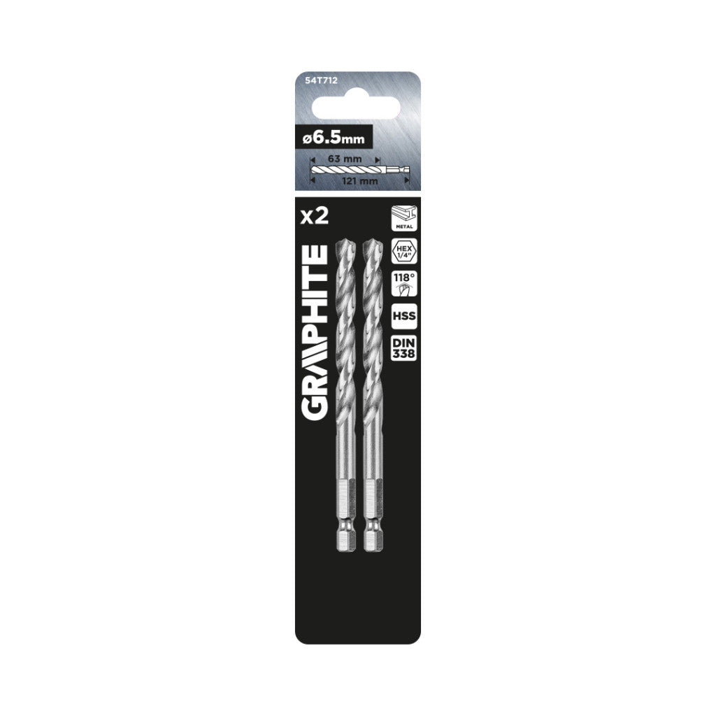 GRAPHITE Csigafúró, 1/4" hatszög szárral, HSS DIN 338, 6,5mm, 2db/cs 54T712