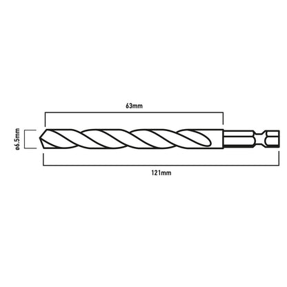 GRAPHITE Csigafúró, 1/4" hatszög szárral, HSS DIN 338, 6,5mm, 2db/cs 54T712