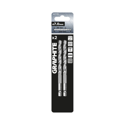 GRAPHITE Csigafúró, 1/4" hatszög szárral, HSS DIN 338, 7mm, 2db/cs 54T713