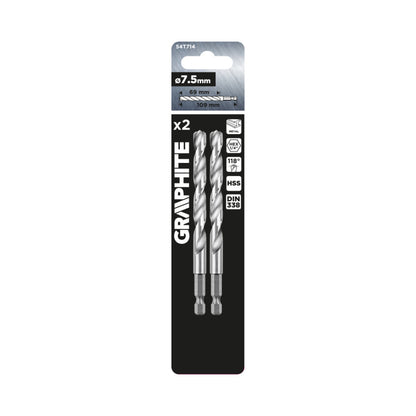 GRAPHITE Csigafúró, 1/4" hatszög szárral, HSS DIN 338, 7,5mm, 2db/cs 54T714