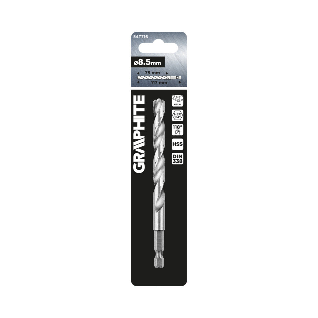 GRAPHITE Csigafúró, 1/4" hatszög szárral, HSS DIN 338, 8,5mm  54T716