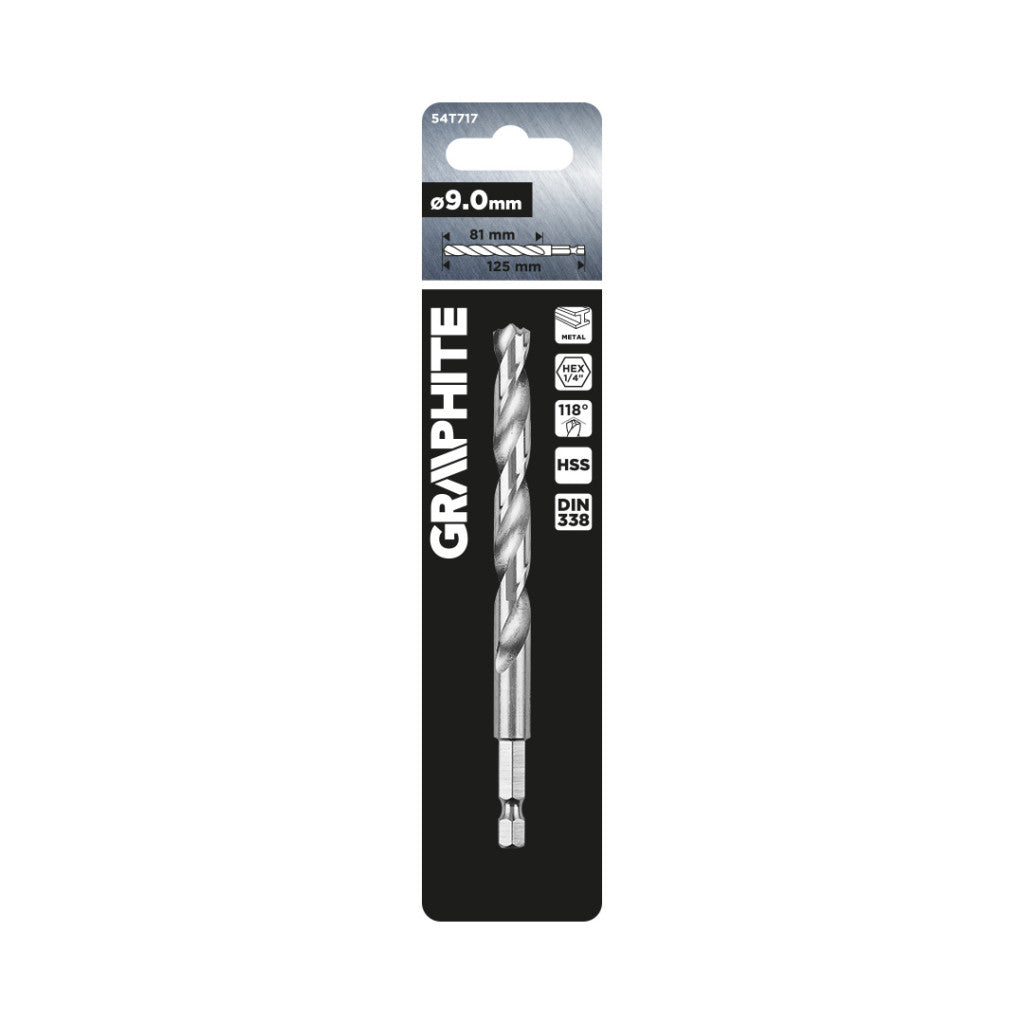 GRAPHITE Csigafúró, 1/4" hatszög szárral, HSS DIN 338, 9mm  54T717